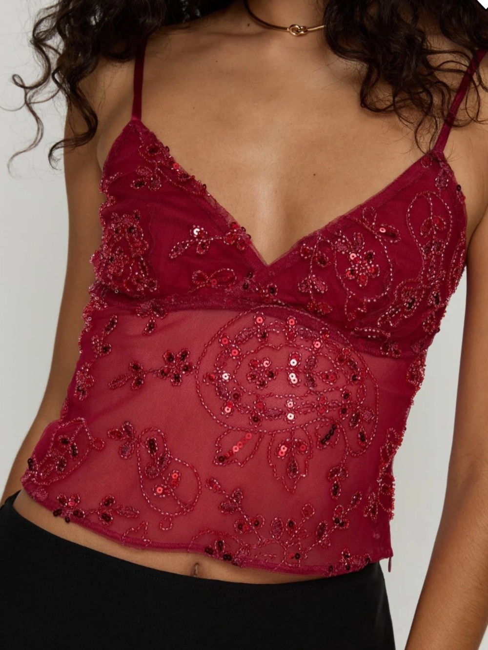 New! Princess Polly Halima Bead Detail Cami Top Size 6 Red NWT